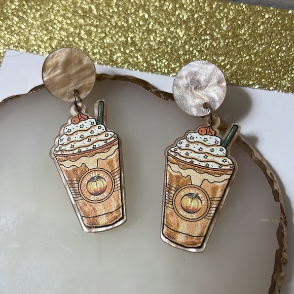 Pumpkin Spice Latte Coffee Drop Statement Earrings - Picture 3 of 11